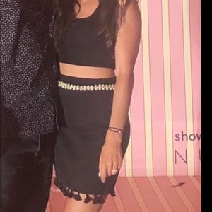 Two piece black co ord matching set fringe tassel skirt and cropped tank XS